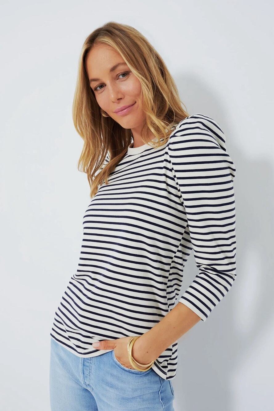 Pomander Place Black White Striped Vesty Long Sleeve Puff Sleeve Shirt M